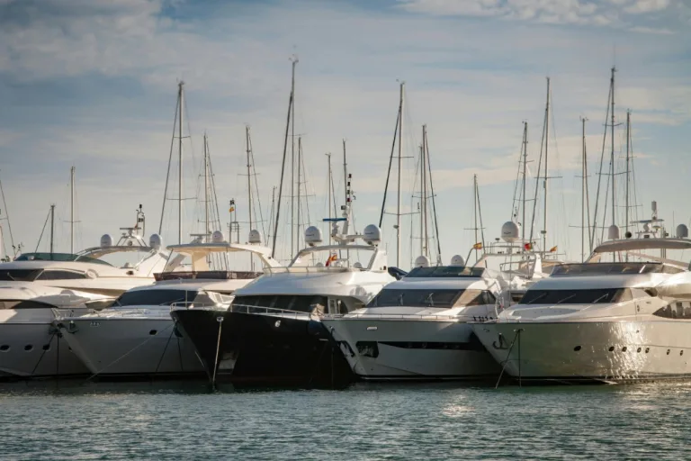 Five yachts docked together